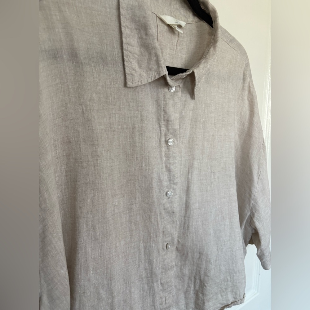 💯% Linen Oversized Short Sleeves Light Beige Taupe Bone Colour Cropped Shirt XXL - Picture 9 of 11
